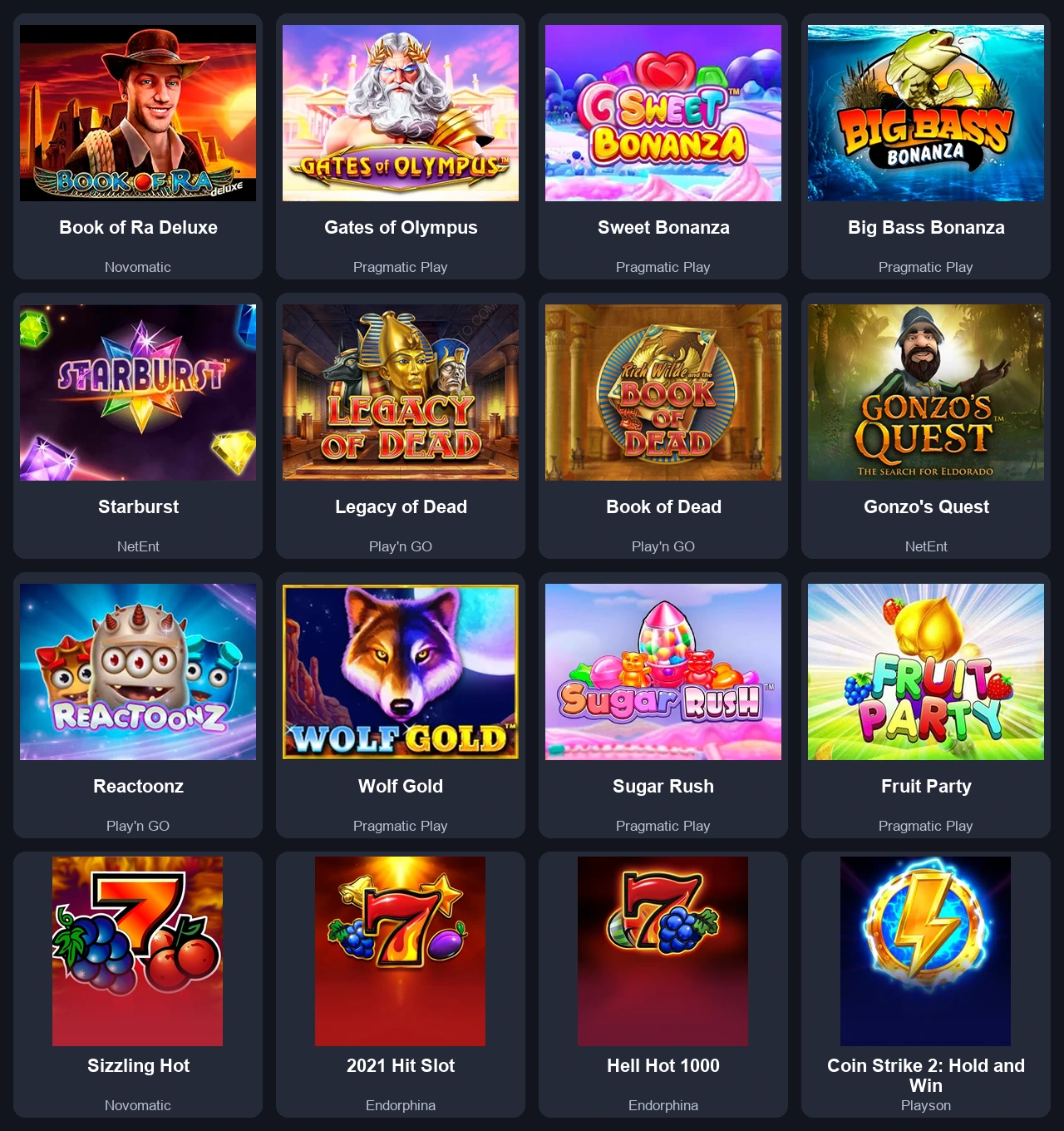 Sedici copertine di slot in una selezione di giochi del casinò.